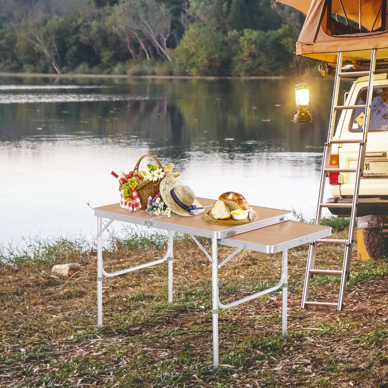 Outsunny 3ft Picnic Table with Slide Shelf Outdoor Portable Aluminum Folding Table 2 Adjustable Height