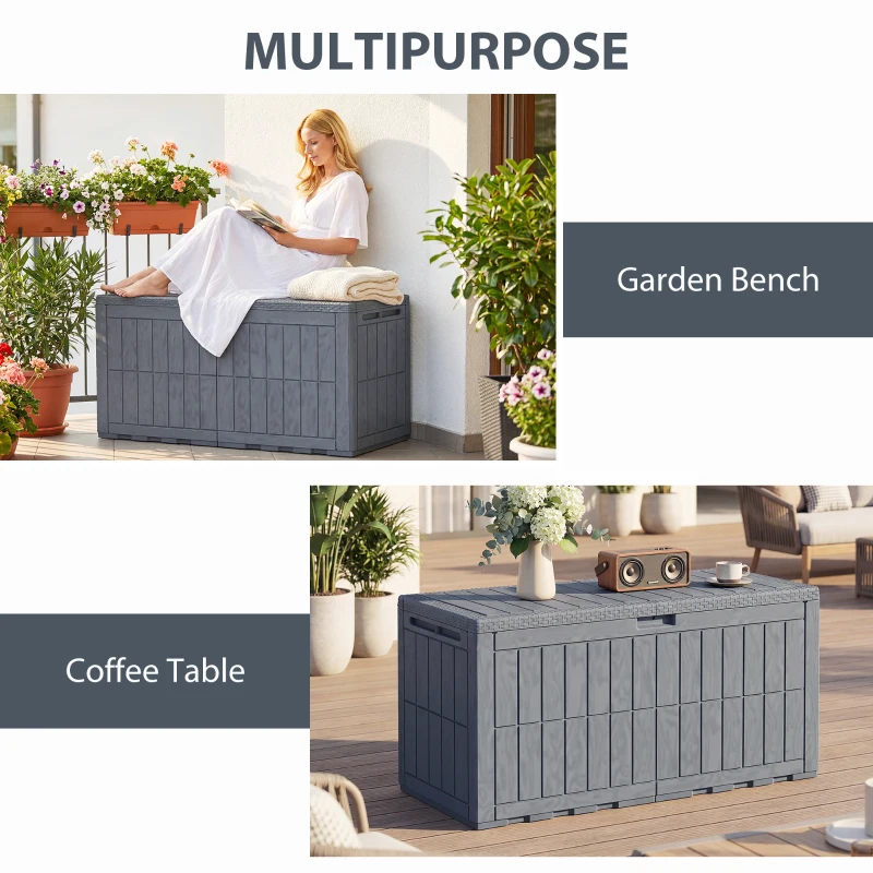 Outsunny 100 Gallon Resin Deck Box, Waterproof Lockable Outdoor Storage Box with Pneumatic Gas Rods, Side Handles