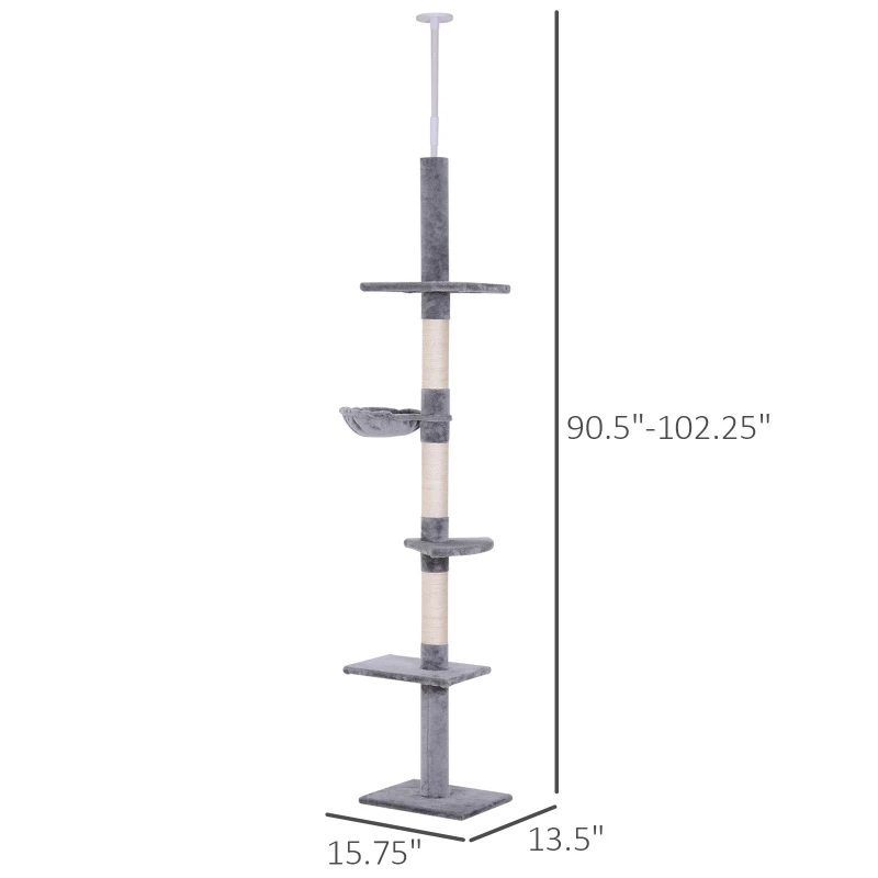 PawHut 102" Adjustable Height Floor to Ceiling Cat Tree, 5 Level Cat Tower with Scratching Posts, Hammock, Gray