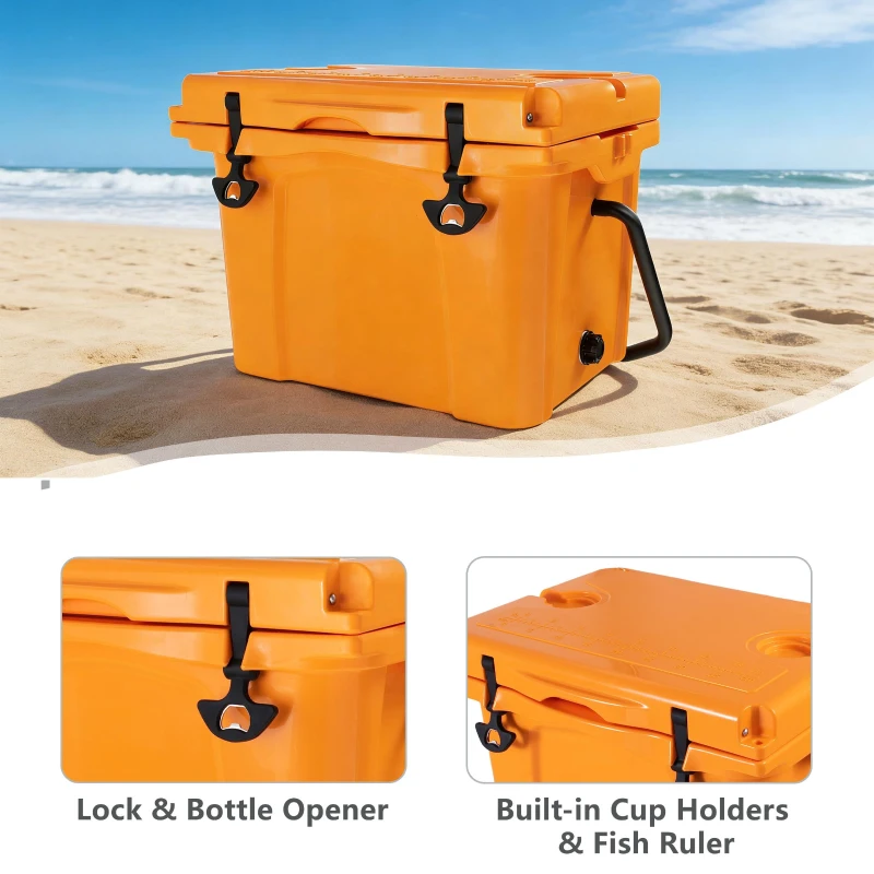 Insulated Portable Hard Cooler with Impact-Resistant Construction, Outdoor Ice Chest for Extended Travel, 21.5″ L x 15.5″ W x 15.5″ H, Orange