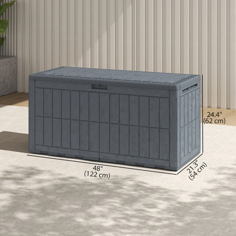 Outsunny 100 Gallon Resin Deck Box, Waterproof Lockable Outdoor Storage Box with Pneumatic Gas Rods, Side Handles