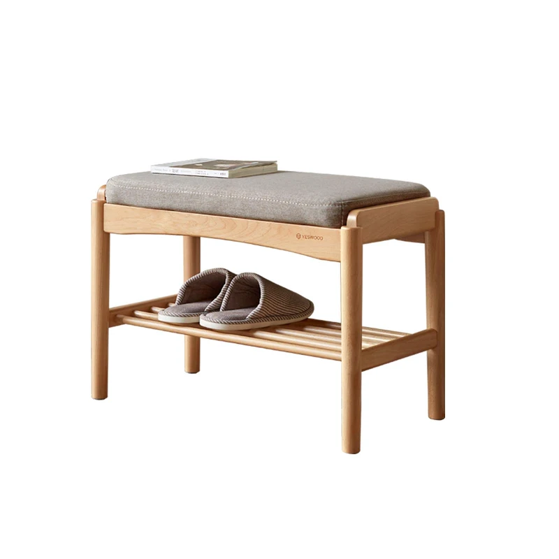 Mid-Century Shoe Bench with High-Rebound Sponge Cushion, Sturdy Shoe Rack with Slatted Compartment, 23.5″ L x 12″ W x 16.5″ H, Natural