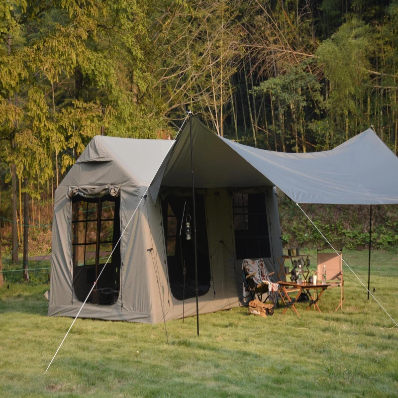 Inflatable Camping Tent with Hand Pump & Polyester Fabric, Waterproof Glamping Tent for Outdoor, 157.5″ L x 118″ W x 90.5″ H, Army Green
