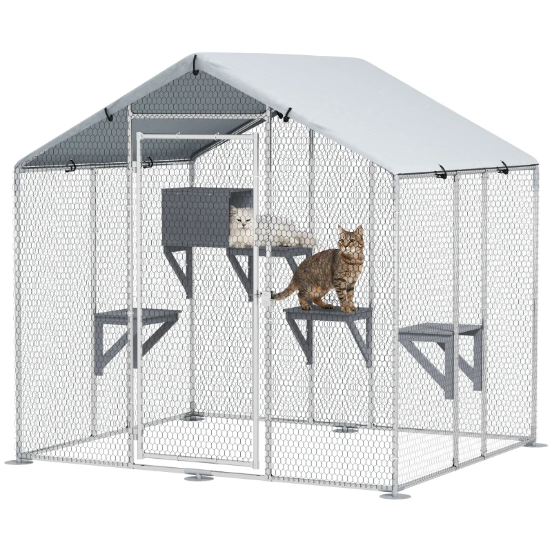 PawHut 79" Extra Large Metal Outdoor Catio with Waterproof Cover, Resting Box, 4 Platforms, for Multiple Rabbits, Chicken