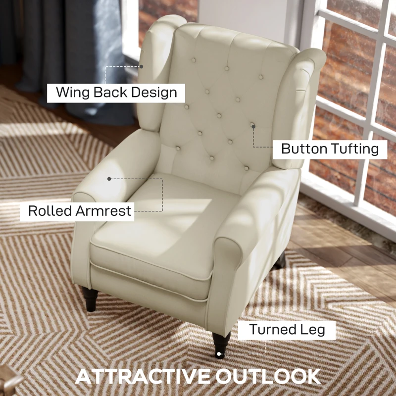 HOMCOM Button-Tufted Accent Chair with High Wingback, Rounded Cushioned Armrests and Thick Padded Seat, Cream White