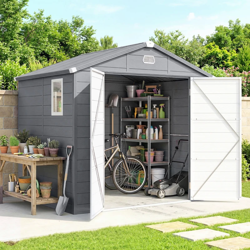 Outsunny 8' x 6' Plastic Garden Storage Shed with Latch Door, Vents, Sloped Roof, Dark Grey