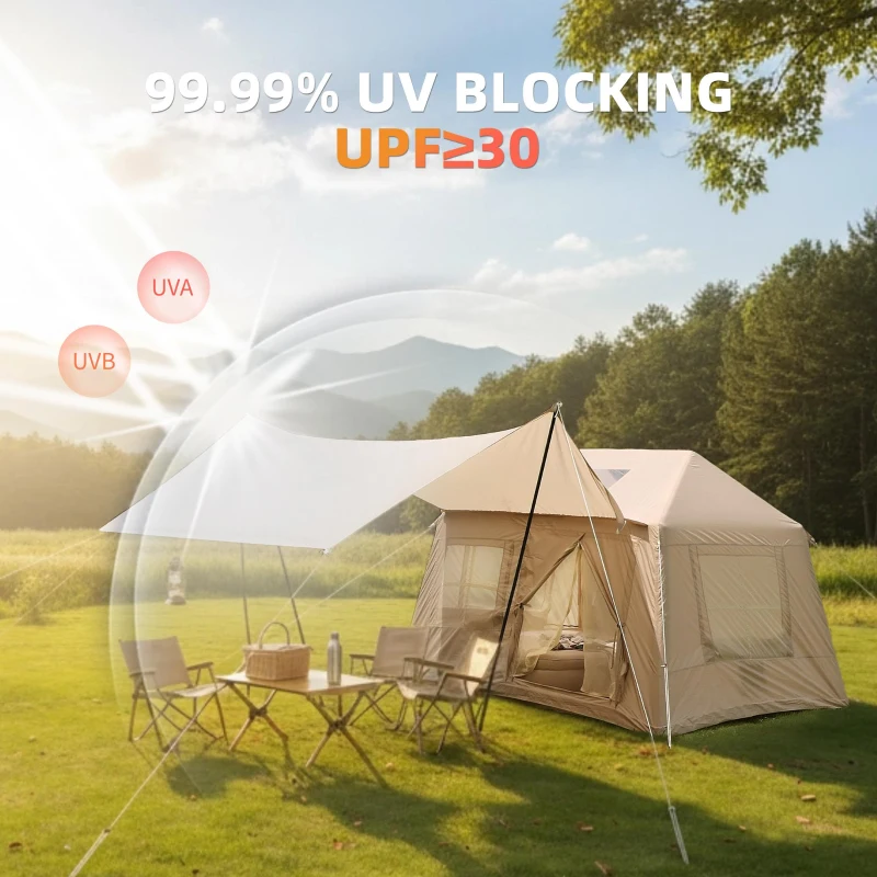 Inflatable 4-Season Camping Tent with Easy Setup, Windproof Family Tent with Skylight Top, 102.5″ L x 86.5″ W x 71″ H, Beige
