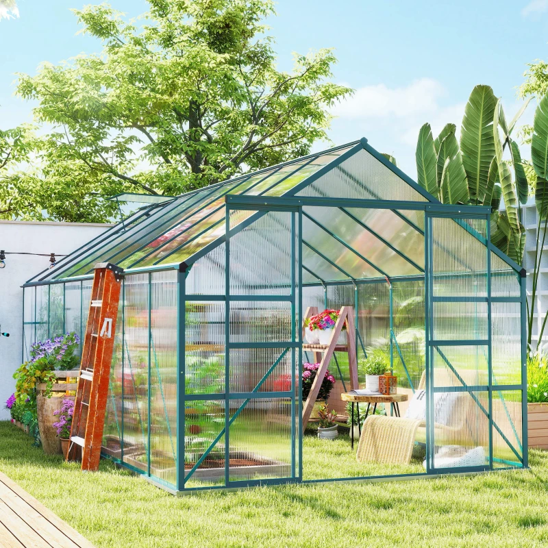 Outsunny 16' x 8' Aluminum Polycarbonate Greenhouse Walk-in Garden Greenhouse Kit with Adjustable Roof Vent, Rain Gutter and Sliding Door for Winter, Green
