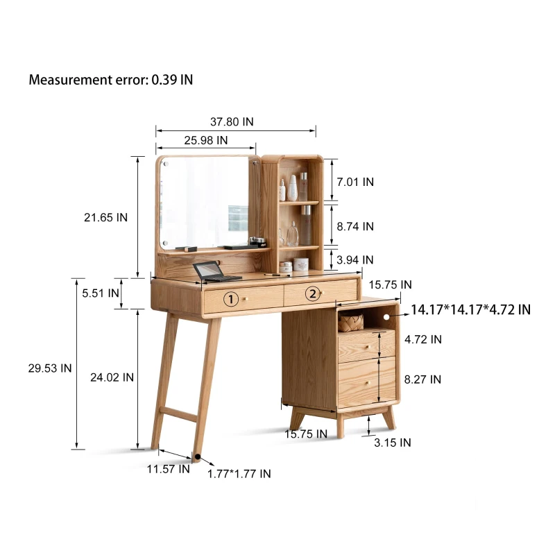 Modern Makeup Vanity Set with Rectangle Mirror and Drawers, Spacious Dressing Table Set for Bedroom, 35.5″ L x 15.5″ W x 29.5″ H, Oak