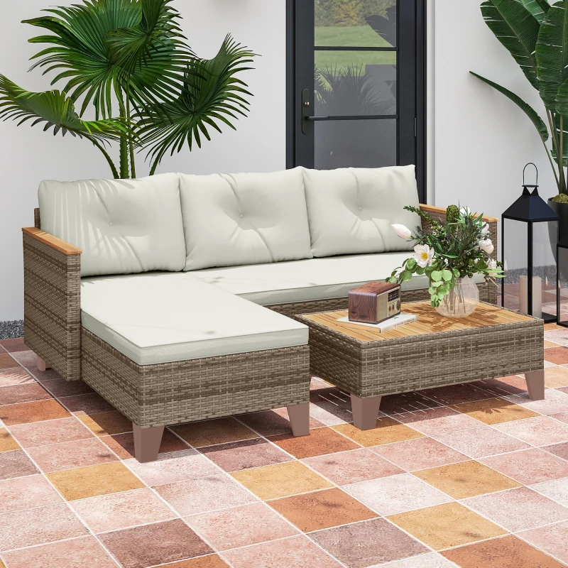 Outsunny 3 Piece Patio Furniture Set, L-Shaped Outdoor Furniture Conversation Set with Wood Top Coffee Table, Cream