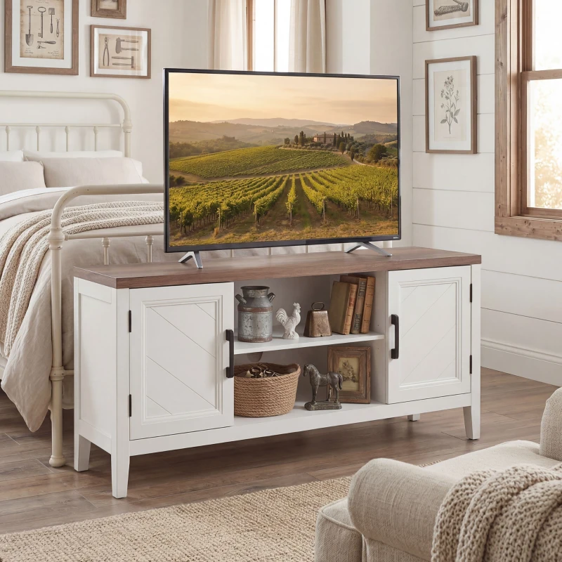 HOMCOM TV Stand for TVs up to 55 Inch, Entertainment Center with 2 Open Shelves, 2 Cabinets, Thick Top, White and Brown