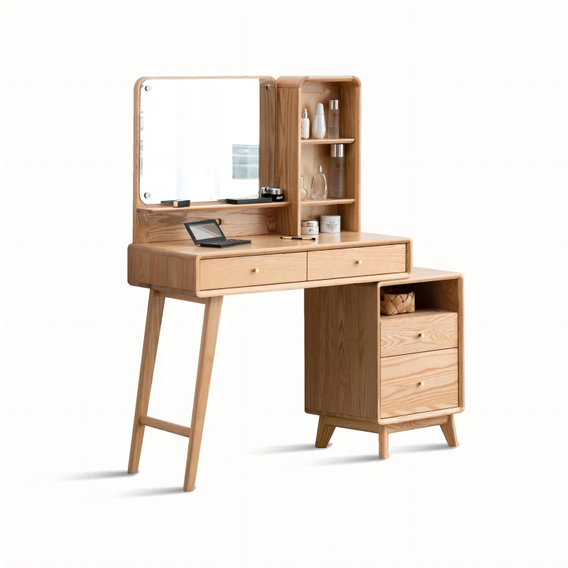 Modern Makeup Vanity Set with Rectangle Mirror and Drawers, Spacious Dressing Table Set for Bedroom, 35.5″ L x 15.5″ W x 29.5″ H, Oak