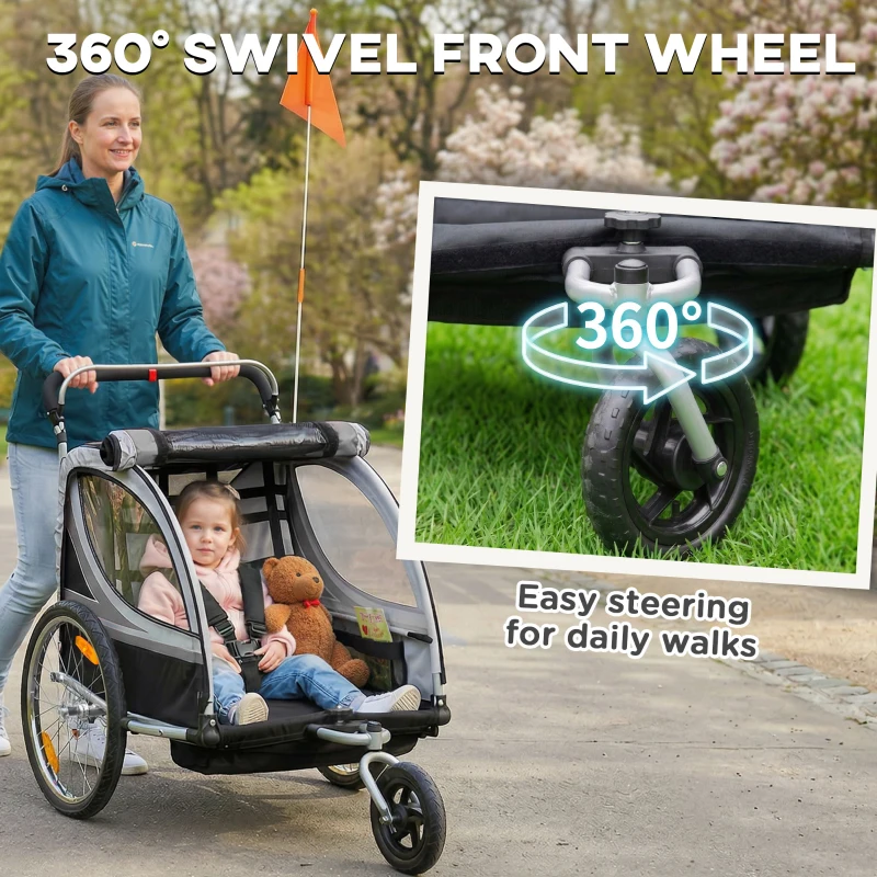 Aosom 2 Seat Bike Trailer for Kids 2-in-1 Baby Stroller with Handbrake, Rubber Wheels, 5 Point Harness, Reflectors, Grey