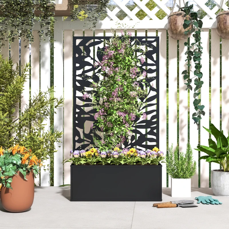 Outsunny Raised Garden Bed with Trellis, Outdoor Privacy Screen with Planter Box, 24" x 9.1" x 44.5", Black