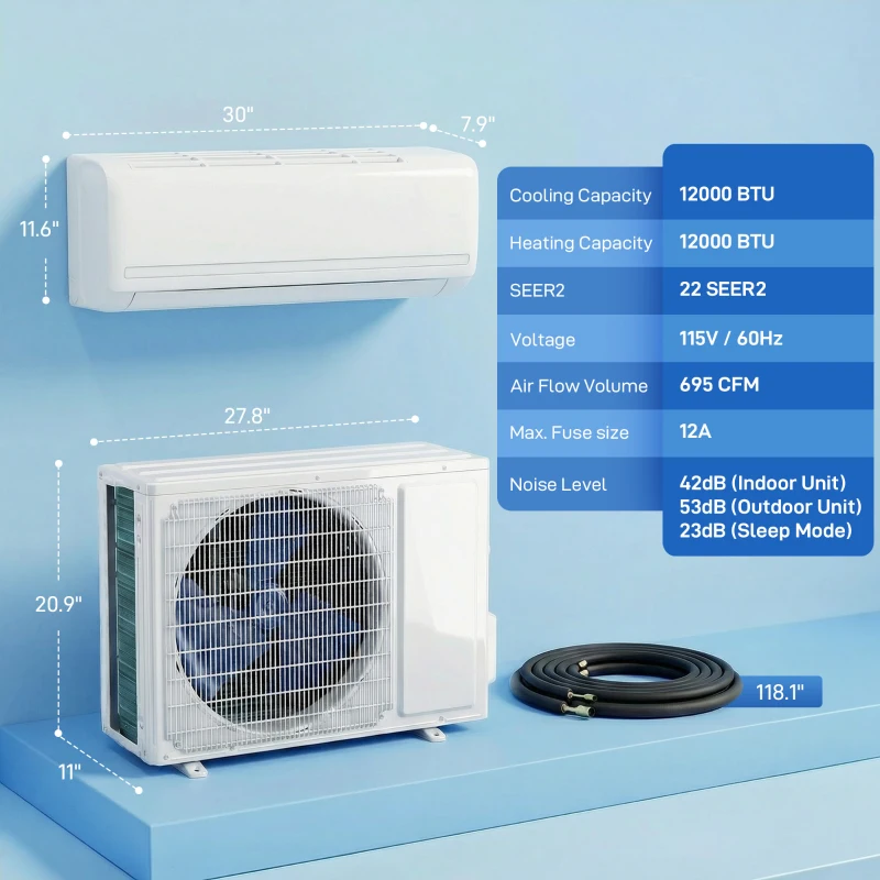 HOMCOM 12000 BTU Mini Split Air Conditioner, 22 SEER2 115V Inverter AC Unit Cools up to 750 Sq.Ft, Complete Installation Kit