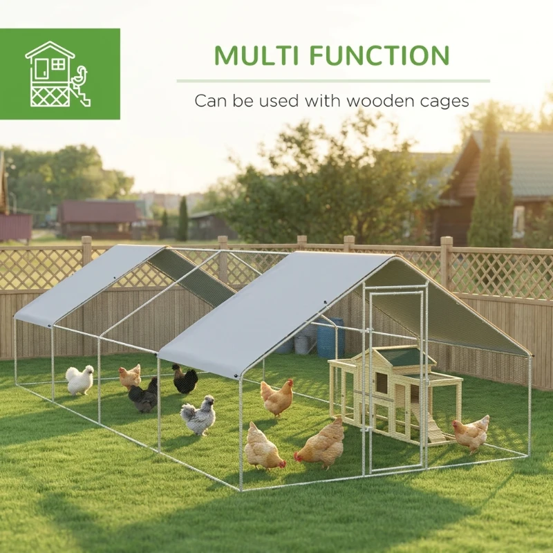 PawHut Large Chicken Coop Metal Chicken Run for Chickens with Waterproof and Anti-UV Cover, Spire Shaped Walk in Fence Cage Hen House for Outdoor and Yard Farm Use, 1.3" Dia, 9.8' x 26.2' x 6.4'
