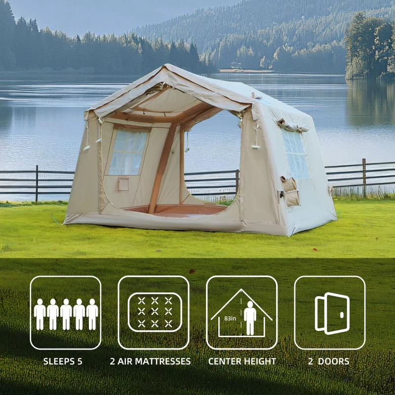 Upgrade Inflatable Camping Tent with Higher Sidewalls, 4-Season Waterproof Family Tent with Stove Jack, 126″ L x 98.5″ W x 82.5″ H, Beige