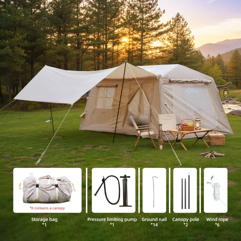 Modern Inflatable Camping Tent with Easy-Setup Blow-Up Design, 4-Season Family Tent for Family Trip, 157.5″ L x 108″ W x 78.5″ H, Beige