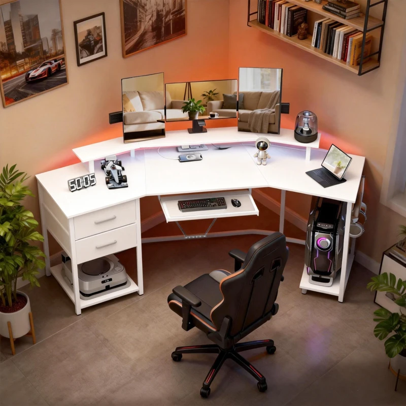 HOMCOM 79 inch Gaming Desk with RGB Lights, Computer Table with Power Outlets & USB Ports, Keyboard Tray and 2 Drawers, White