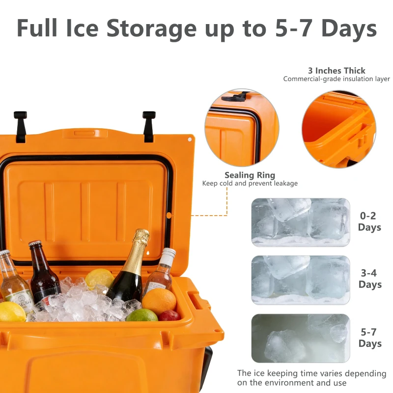 Insulated Portable Hard Cooler with Impact-Resistant Construction, Outdoor Ice Chest for Extended Travel, 21.5″ L x 15.5″ W x 15.5″ H, Orange