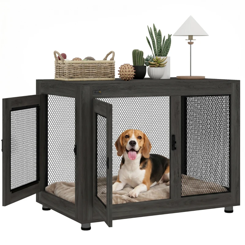 PawHut Pet Crate End Table with Water-resistant Cushion or Large Medium Dogs, Black