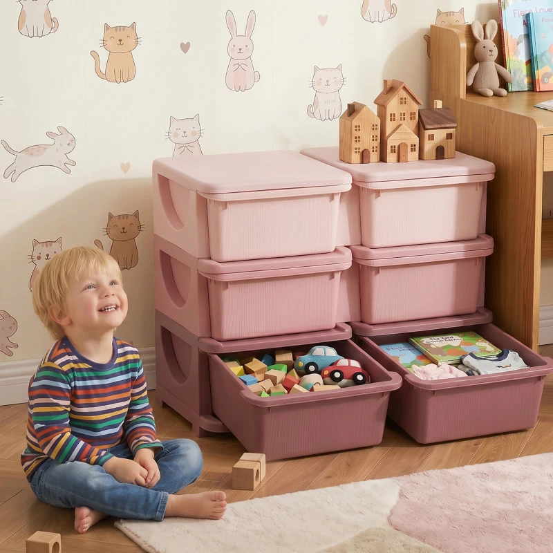 Qaba 3 Tier Kids Storage Unit, Toy Organizers and Storage with 6 Drawer Chest for Kids Bedroom Nursery Kindergarten Living Room for Boys Girls Toddlers, Pink