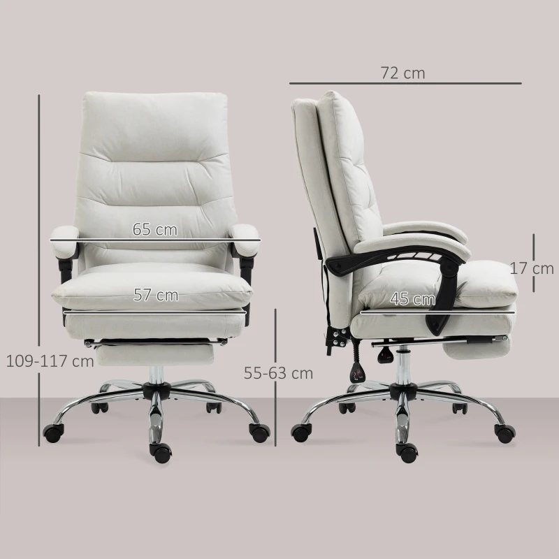 Vinsetto Microfibre Executive Massage Office Chair, Computer Desk Chair, Reclining Chair with Footrest, Double-tier Padding, Swivel Wheels, Cream White