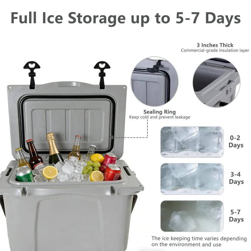 Insulated Portable Cooler with Impact-Resistant Hard Shell, Outdoor Ice Chest for Extended Travel, 21.5″ L x 15.5″ W x 15.5″ H, Grey