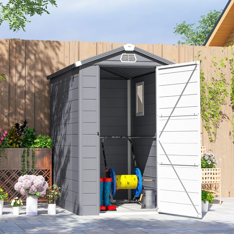 Outsunny 4.5' x 6' Plastic Garden Storage Shed with Latch Door, Vents, Sloped Roof, Dark Grey