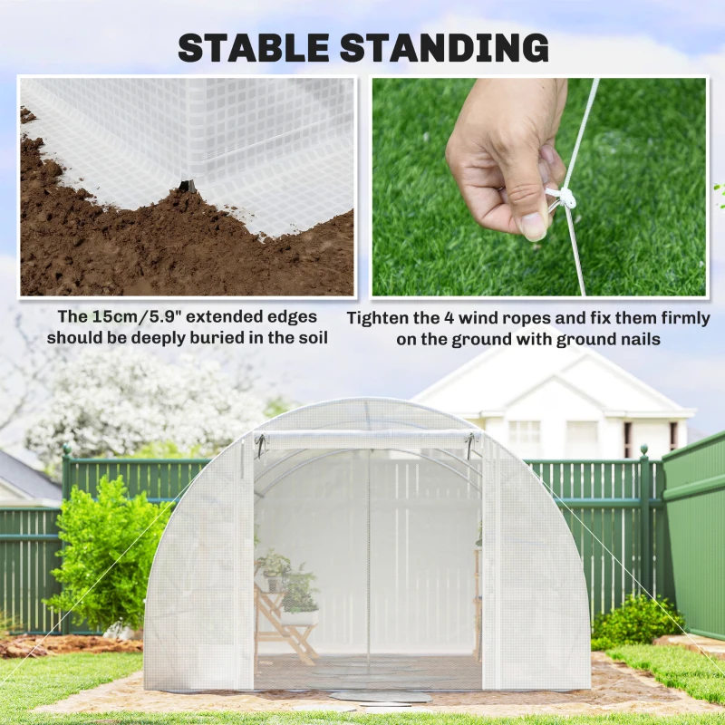 Outsunny Walk-in Tunnel Greenhouse, Plant Hot House w/ Support Rods, Roll-up Mesh Door, Mesh Windows, 13'x9.8'x6.6', White
