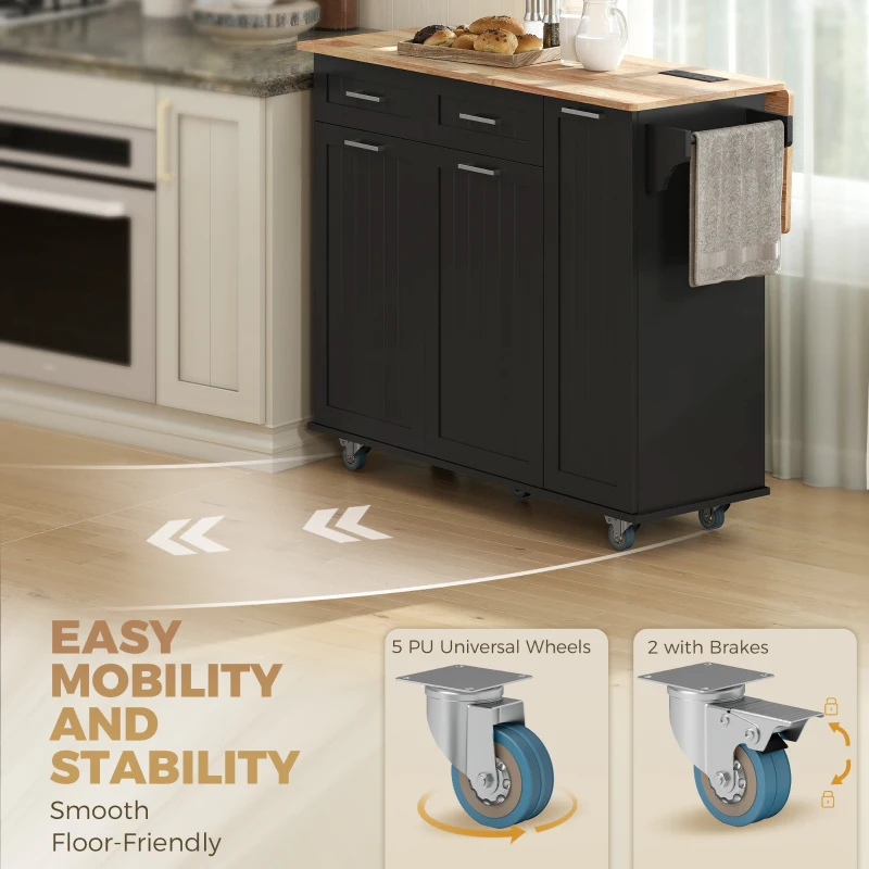 HOMCOM Kitchen Island on Wheels with Wood Drop Leaf, Charging Station, Rolling Kitchen Cart with Adjustable Shelf, Black