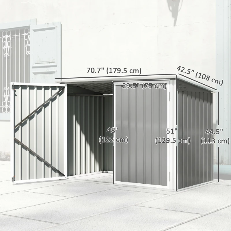 Outsunny Outdoor Metal Storage Shed Garden Garbage Can Organizer with Double Door and Vents for 2 Trash Cans, Light Grey
