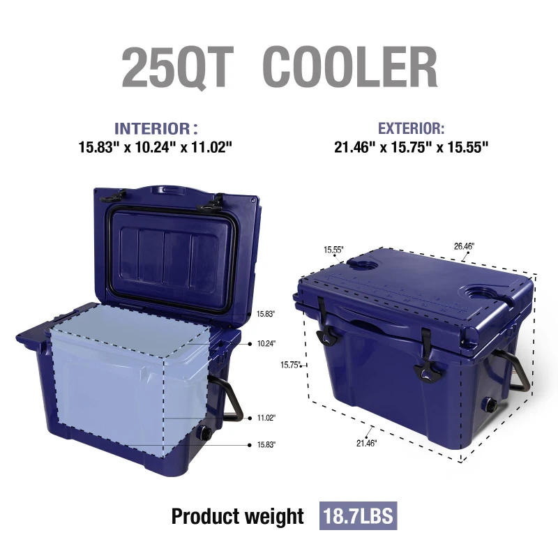 Insulated Portable Hard Cooler with Impact-Resistant Construction, Outdoor Ice Chest for Extended Travel, 21.5″ L x 15.5″ W x 15.5″ H, Blue