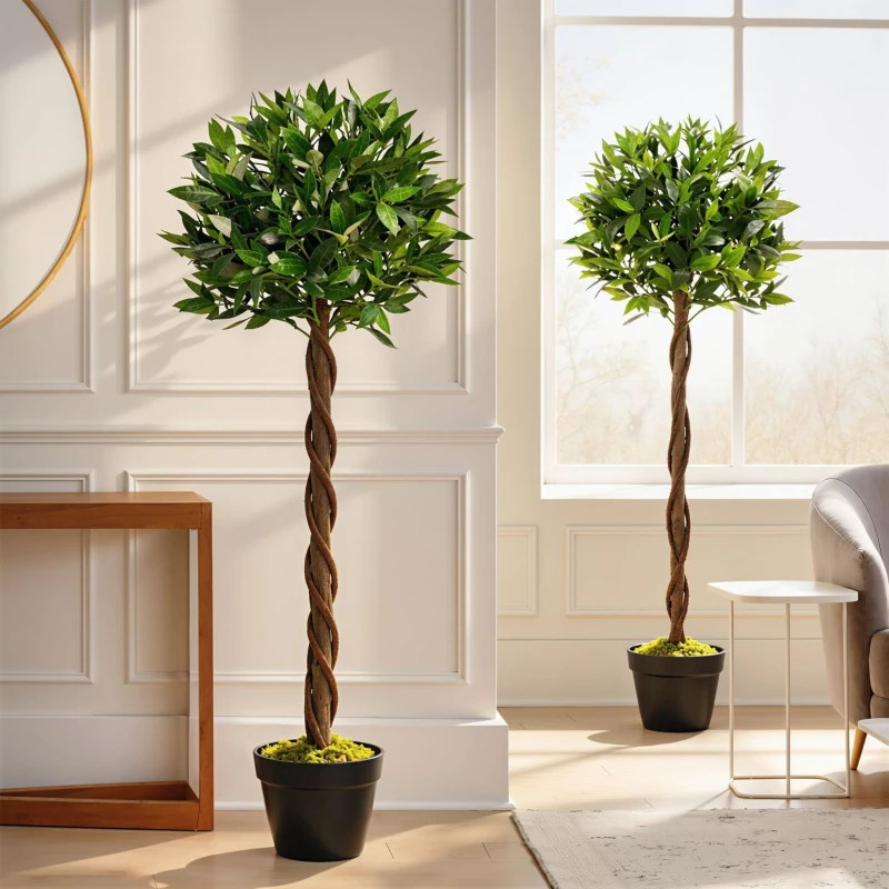 Outsunny 4FT Artificial Laurel Tree Set of 2, Lifelike Fake Plant with 564 Leaves, Potted Fake Plant for Home Office Decor, Green