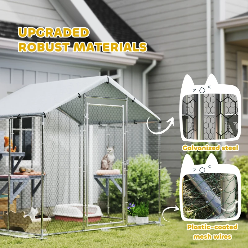 PawHut 79" Extra Large Metal Outdoor Catio with Waterproof Cover, Resting Box, 4 Platforms, for Multiple Rabbits, Chicken
