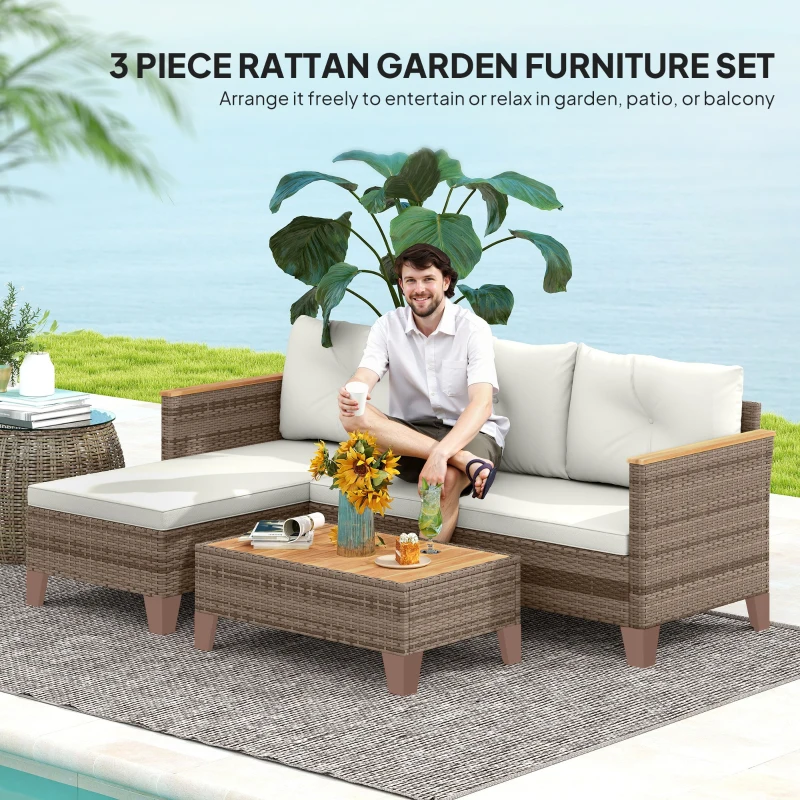 Outsunny 3 Piece Patio Furniture Set, L-Shaped Outdoor Furniture Conversation Set with Wood Top Coffee Table, Cream