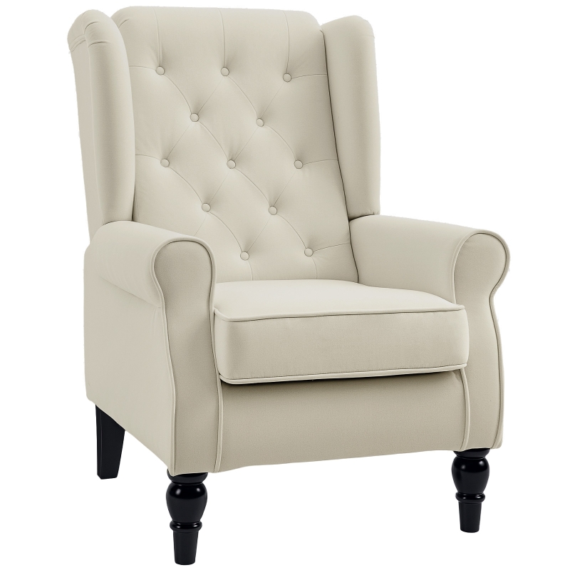 HOMCOM Button-Tufted Accent Chair with High Wingback, Rounded Cushioned Armrests and Thick Padded Seat, Cream White