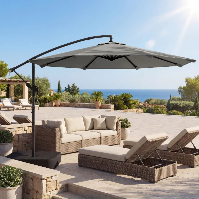 Outsunny 9.6 ft Offset Patio Umbrella with Sandbag, Garden Hanging Banana Cantilever Parasol with 360° Rotation, Grey