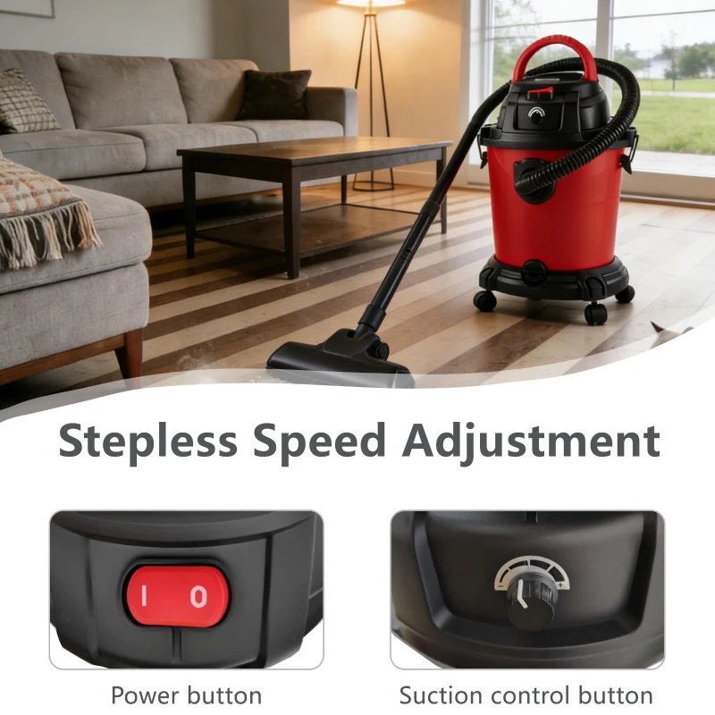 5-Gallon Wet/Dry Shop Vacuum with Stepless Speed Control, 3-In-1 Cleaner with Tower-Buckle Lock, 14″ L x 14″ W x 17.5″ H, Black+Red