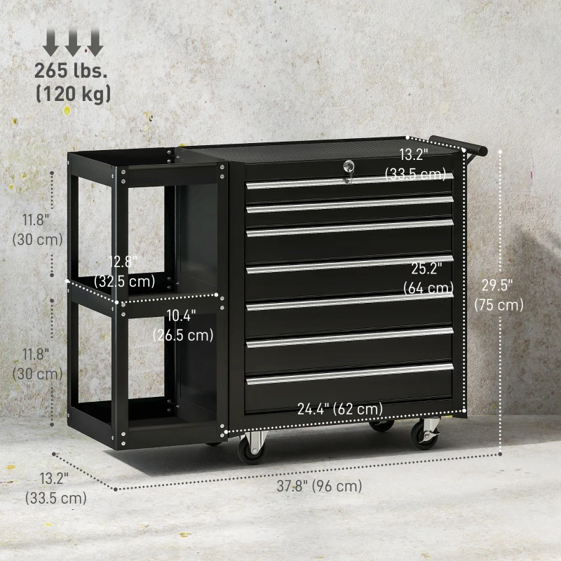 HOMCOM 7-Drawer Rolling Tool Chest with Detachable Side Shelf, Lockable Tool Cabinet Box Organizer with Wheels, Black
