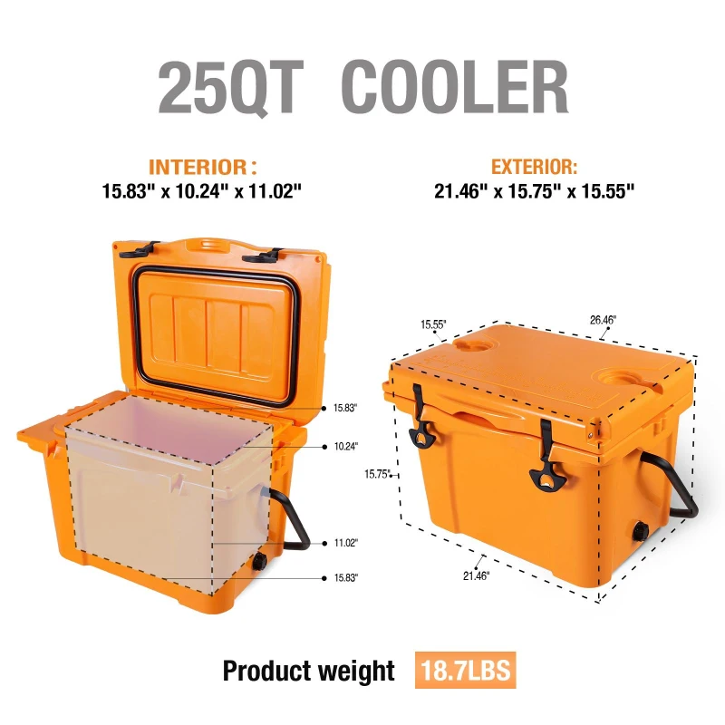 Insulated Portable Hard Cooler with Impact-Resistant Construction, Outdoor Ice Chest for Extended Travel, 21.5″ L x 15.5″ W x 15.5″ H, Orange