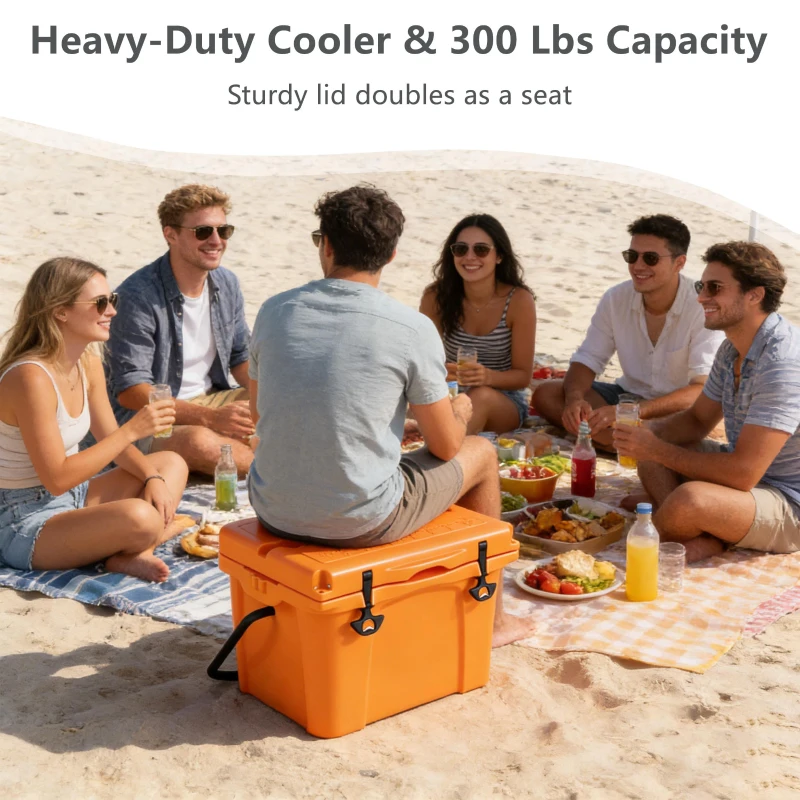 Insulated Portable Hard Cooler with Impact-Resistant Construction, Outdoor Ice Chest for Extended Travel, 21.5″ L x 15.5″ W x 15.5″ H, Orange