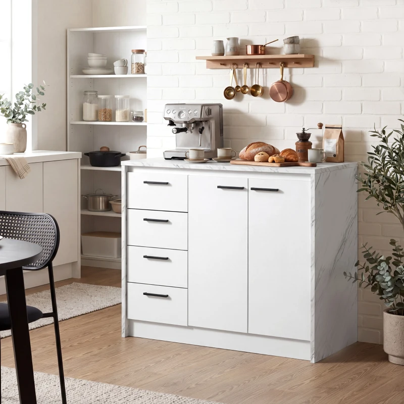 HOMCOM Kitchen Island with Storage Cabinet, 4 Drawers and Adjustable Shelf for Dining Room, Faux Marble Effect and White