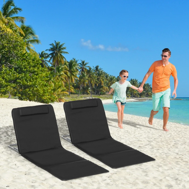 Outsunny 2 Pieces Beach Lounge Chair, Outdoor Folding Chaise Lounge Set w/ Pillow for Sunbath, Snap, Beige