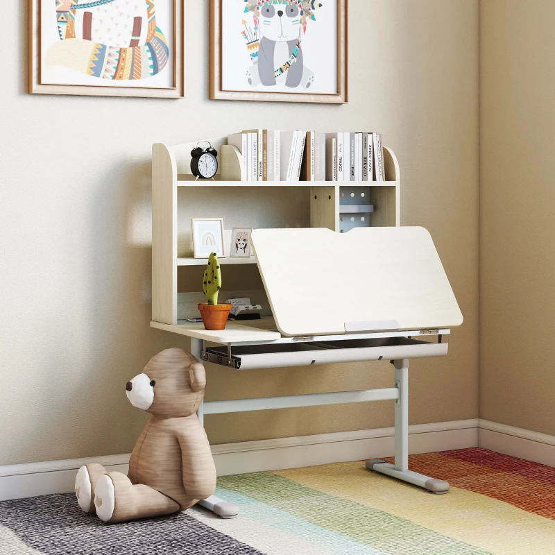 Qaba Kids Desk Height Adjustable with Tilted Desktop, Storage, Drawer, Pegboard, for 3-12 Years