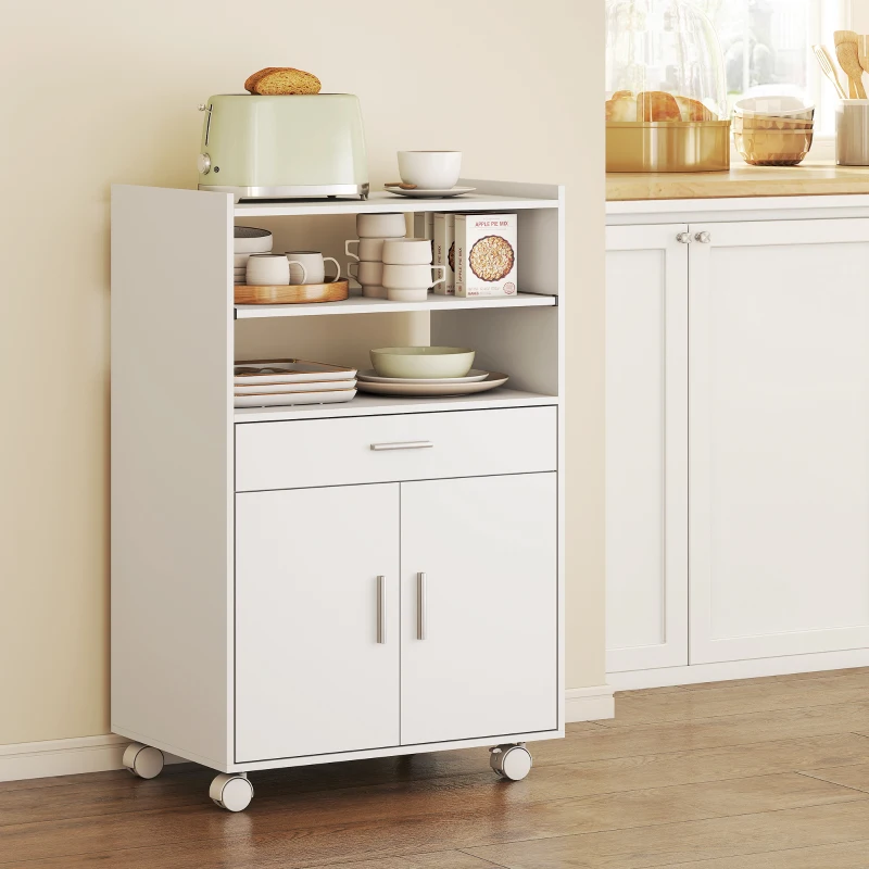 HOMCOM Microwave Cart with Wheels, Microwave Stand with Worktop, Open Shelves and Drawer, Storage Cabinet, White