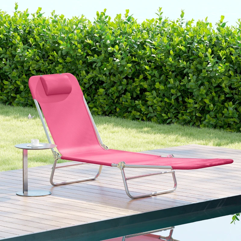 Outsunny Folding Chaise Lounge Chair, Portable Tanning Chair with Adjustable Backrest, Pillow for Beach Poolside Patio, Pink