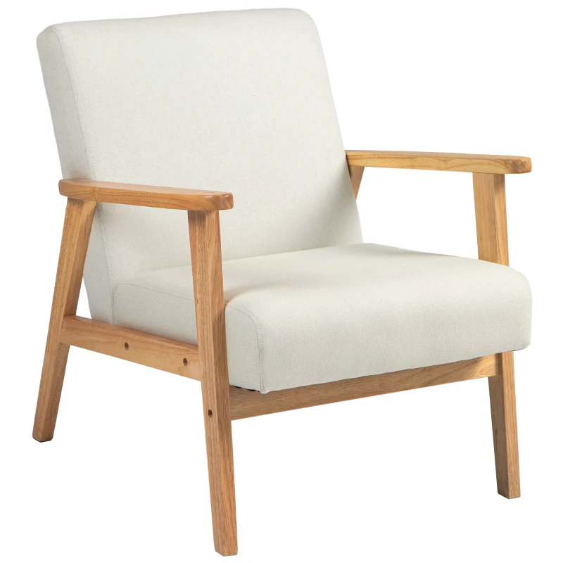 HOMCOM Mid-Century Modern Accent Chair Retro Fabric Armchair Wooden Arm Upholstered Lounge Chair for Living Room Cream White