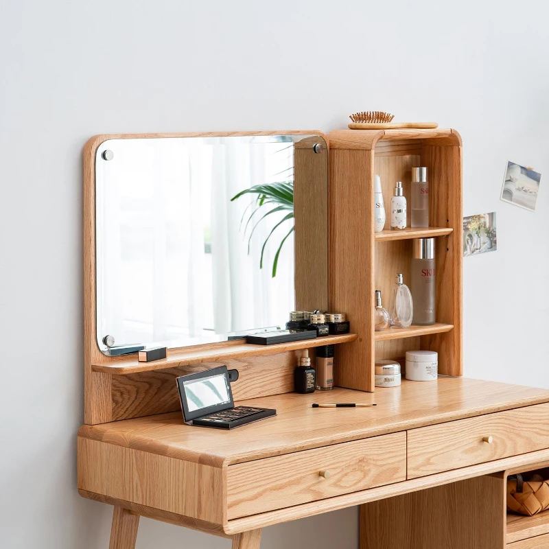Modern Makeup Vanity Set with Rectangle Mirror and Drawers, Spacious Dressing Table Set for Bedroom, 35.5″ L x 15.5″ W x 29.5″ H, Oak