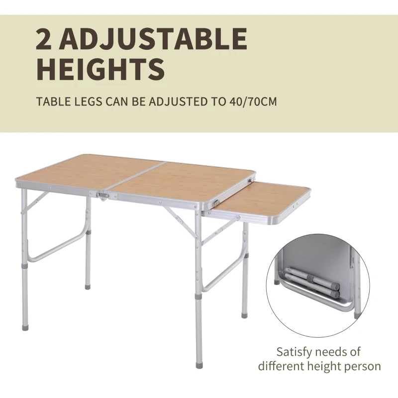 Outsunny 3ft Picnic Table with Slide Shelf Outdoor Portable Aluminum Folding Table 2 Adjustable Height